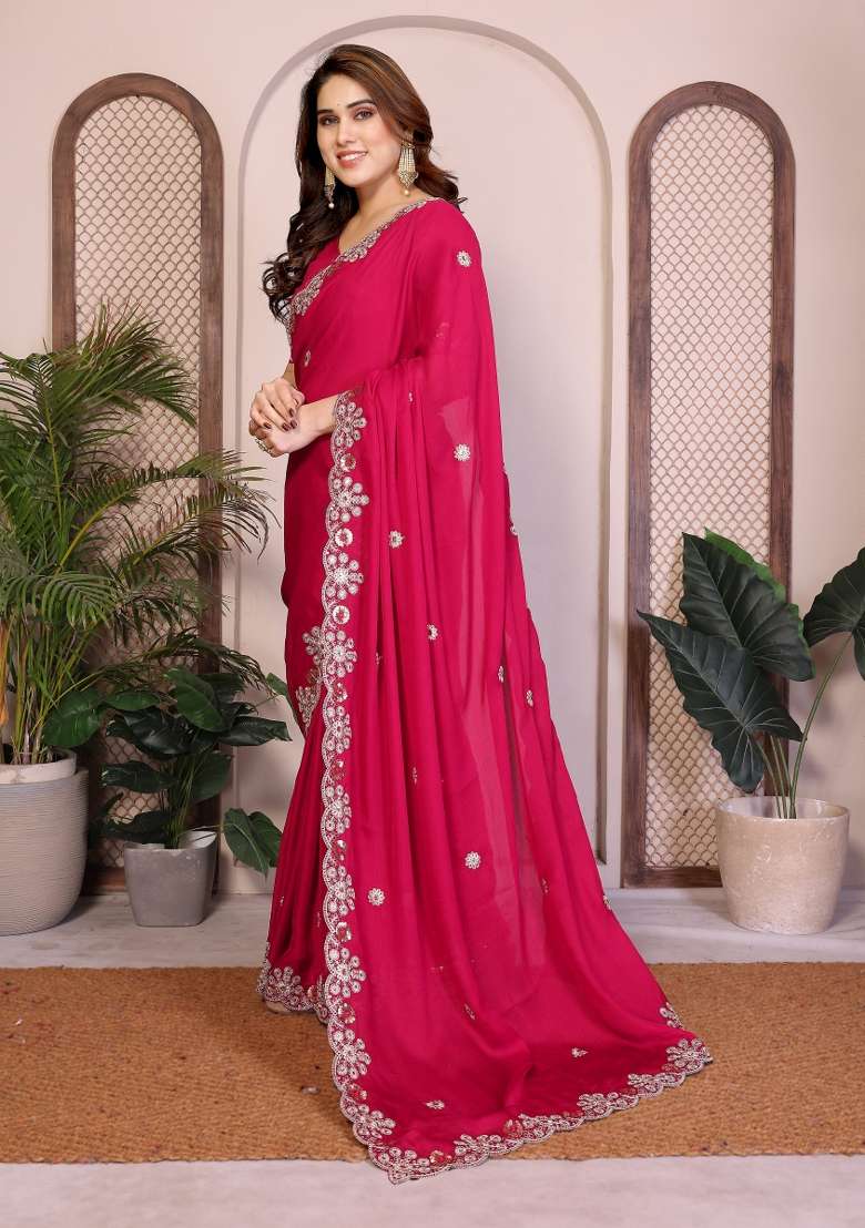 Pink Chiffon Saree Set with Embroidery for Diwali | Wedding & Festive Wear - Indya