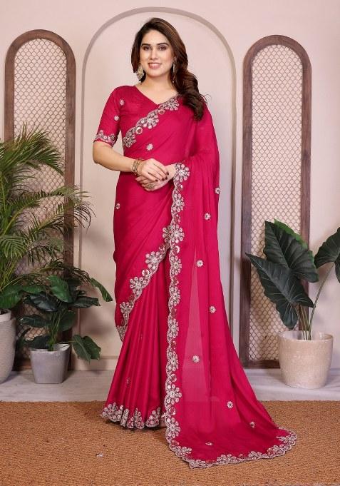 Pink Embroidery Chiffon Saree Set