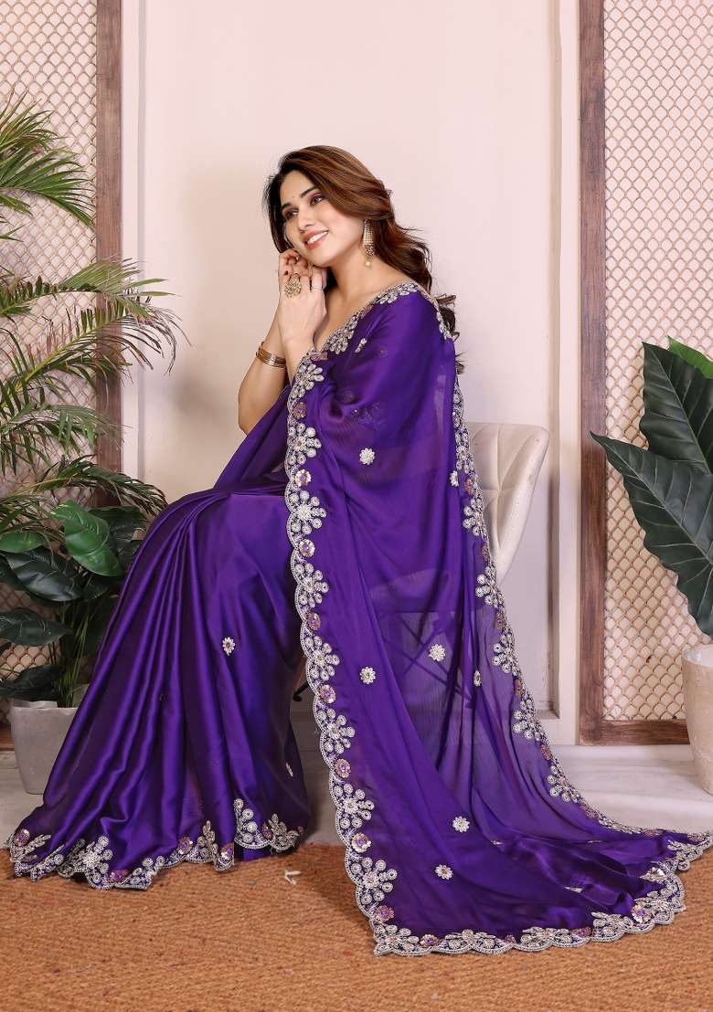 Blue Chiffon Saree Set with Embroidery for Diwali | Wedding & Festive Wear - Indya