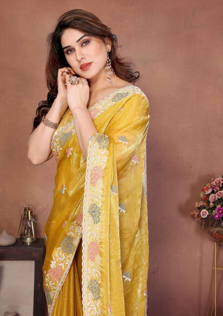 Yellow Embroidery Chiffon Saree Set for Diwali and Festive Wear - Indya