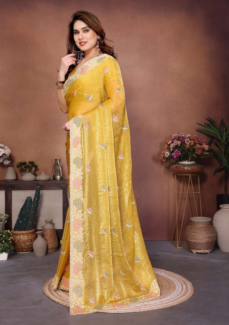 Yellow Embroidery Chiffon Saree Set for Diwali and Festive Wear - Indya