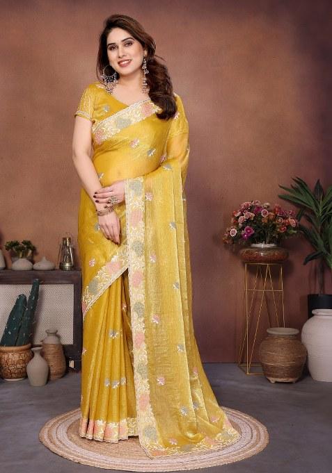 Yellow Embroidery Chiffon Saree Set
