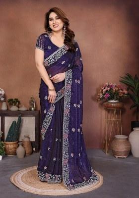 Blue Embroidery Chiffon Saree Set