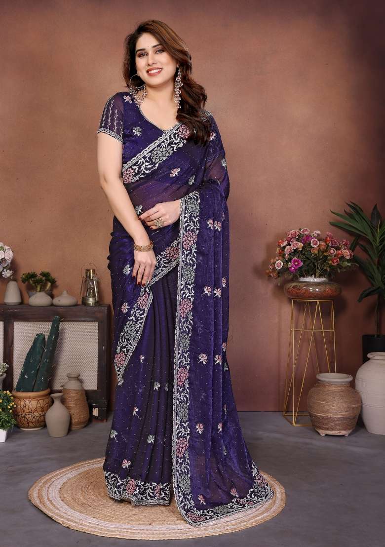 Blue Embroidery Chiffon Saree Set for Diwali and Festive Wear - Indya