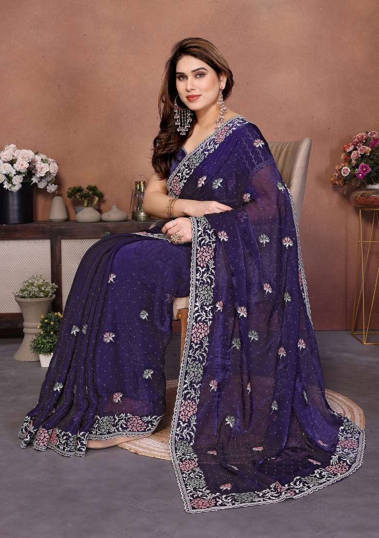 Blue Embroidery Chiffon Saree Set for Diwali and Festive Wear - Indya