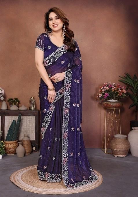 Blue Embroidery Chiffon Saree Set