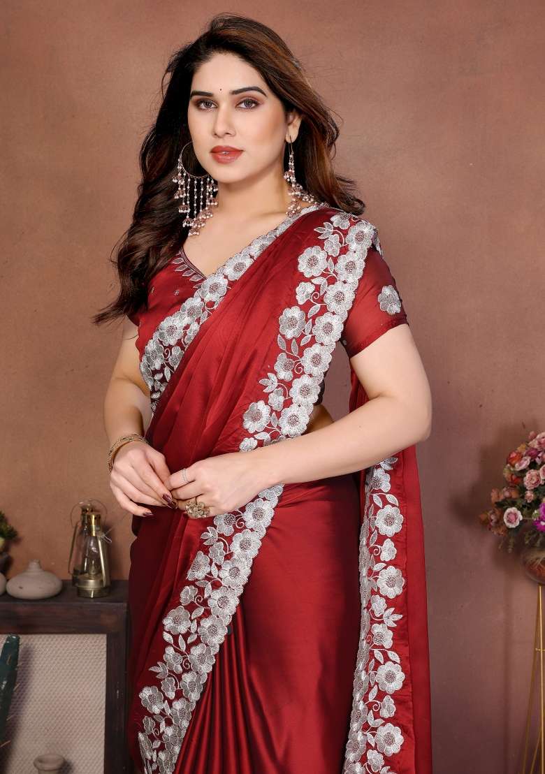 Maroon Embroidery Silk Blend Saree Set for Diwali and Festive Wear - Indya