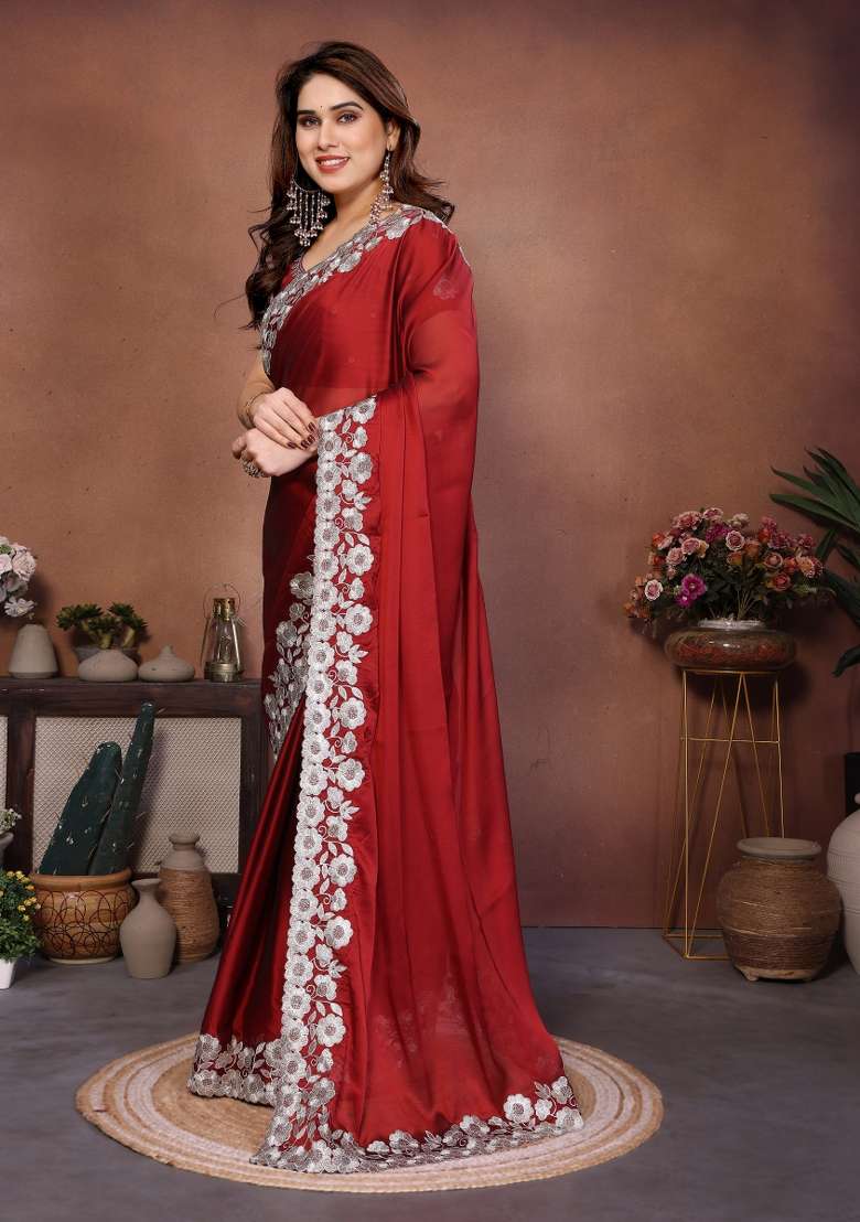 Maroon Embroidery Silk Blend Saree Set for Diwali and Festive Wear - Indya