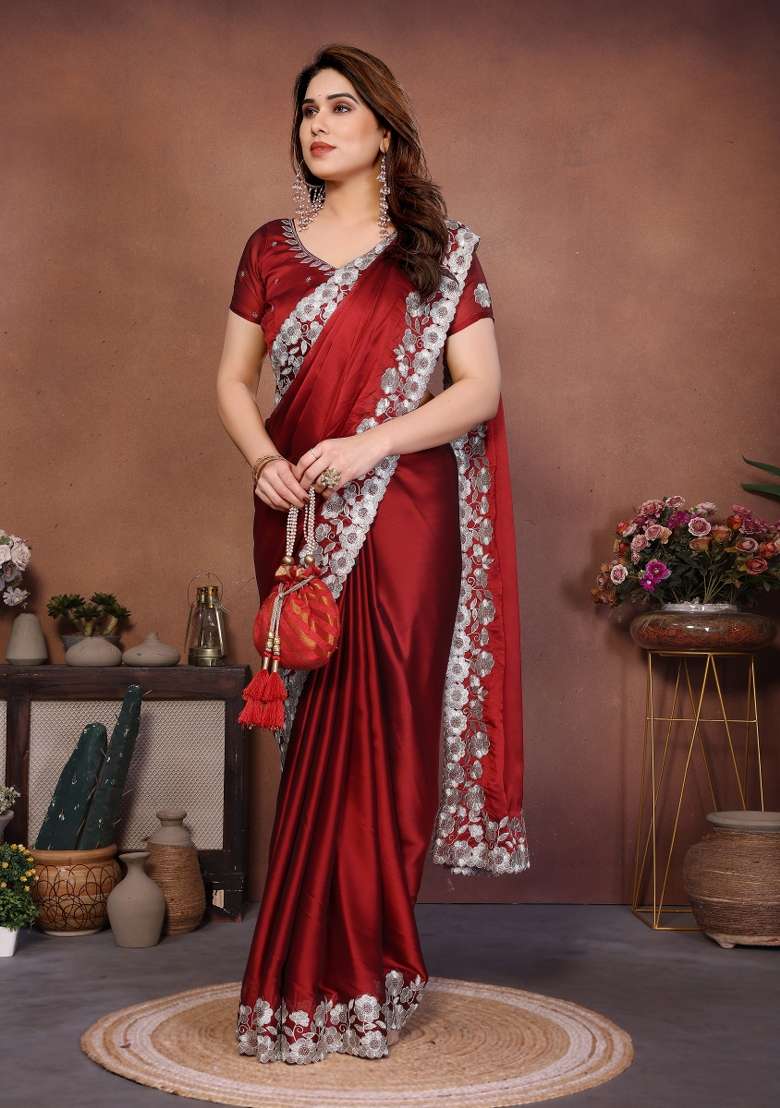 Maroon Embroidery Silk Blend Saree Set for Diwali and Festive Wear - Indya