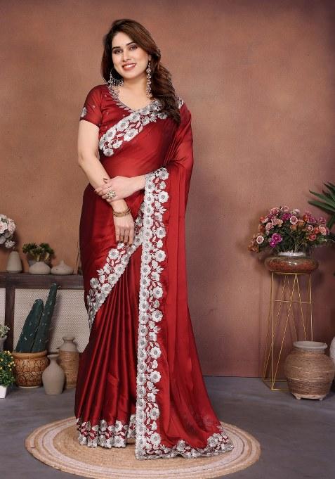 Maroon Embroidery Silk Saree Set — view on Indya