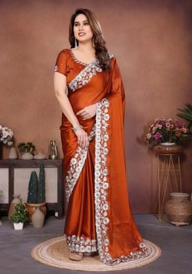Orange Embroidery Silk Saree Set