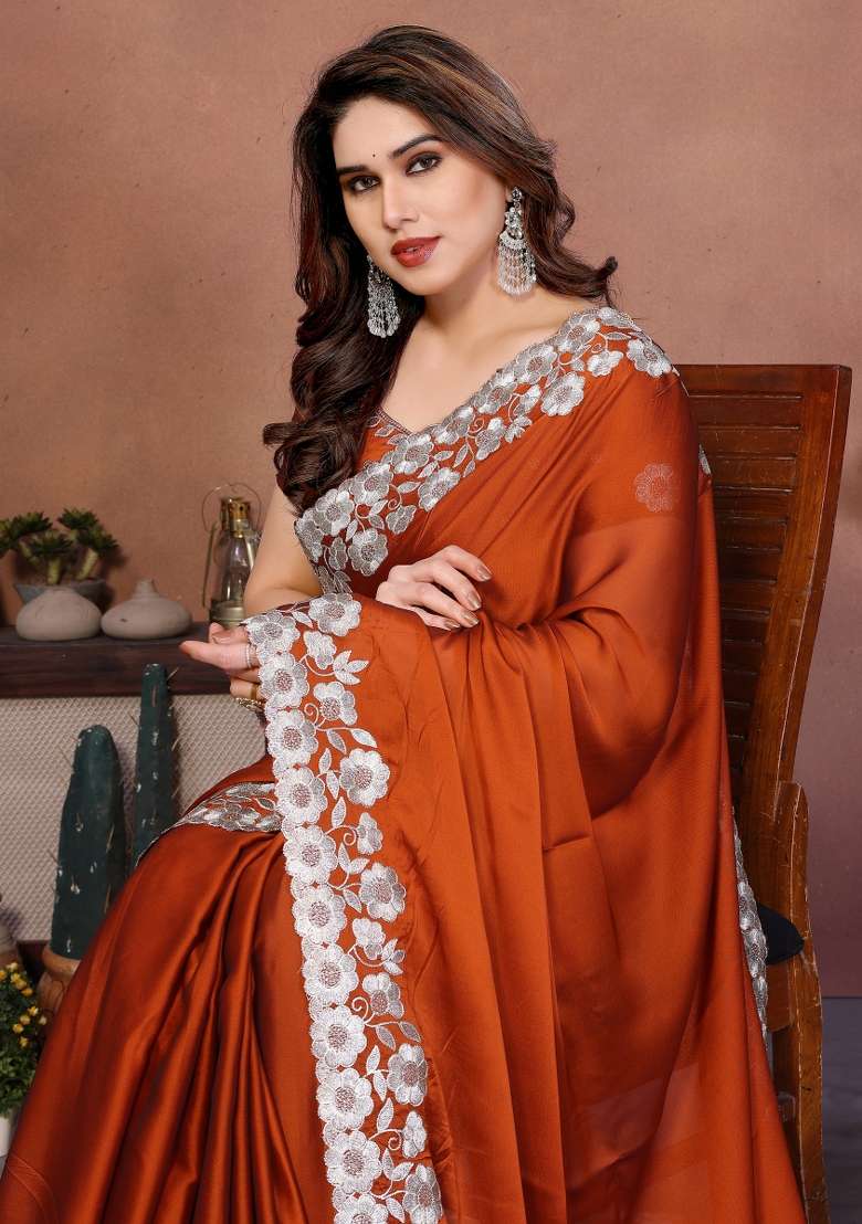 Orange Embroidery Silk Blend Saree Set for Diwali and Festive Wear - Indya