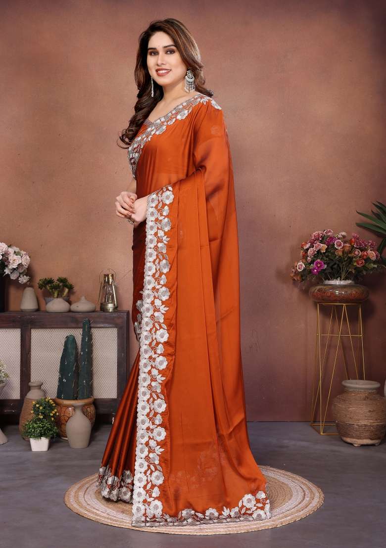 Orange Embroidery Silk Blend Saree Set for Diwali and Festive Wear - Indya