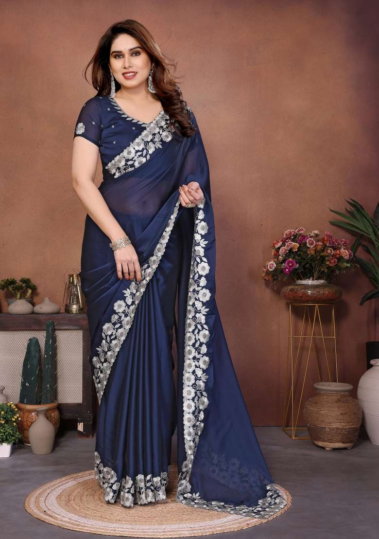Navy Blue Embroidery Silk Blend Saree Set for Diwali and Festive Wear - Indya