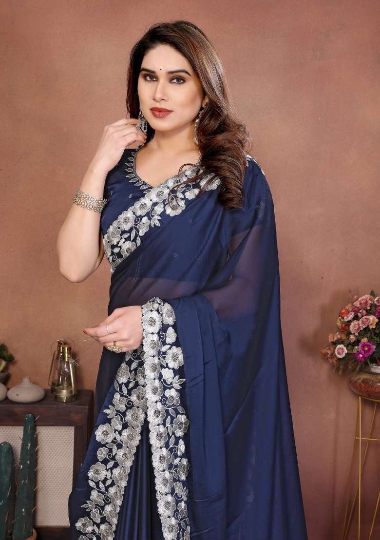 Navy Blue Embroidery Silk Blend Saree Set for Diwali and Festive Wear - Indya