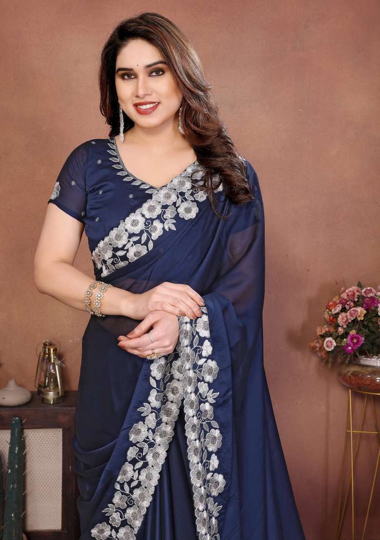 Navy Blue Embroidery Silk Blend Saree Set for Diwali and Festive Wear - Indya