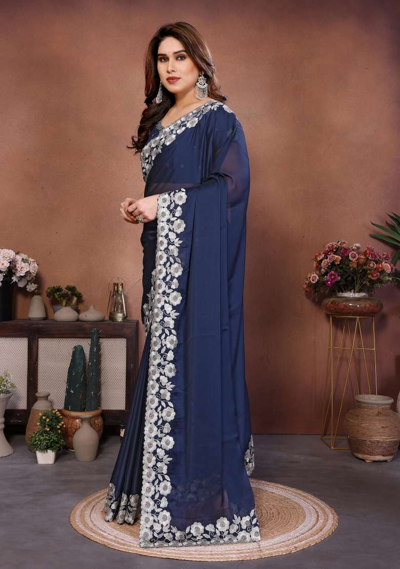 Navy Blue Embroidery Silk Blend Saree Set for Diwali and Festive Wear - Indya