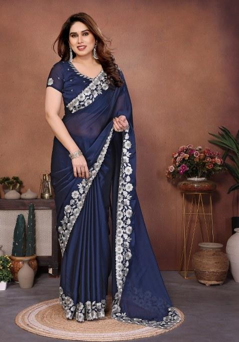 Navy Blue Embroidery Silk Saree Set