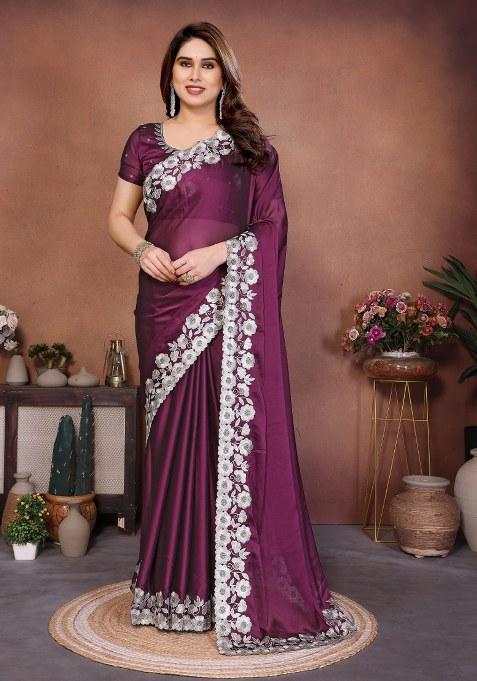 Wine Embroidery Silk Saree Set