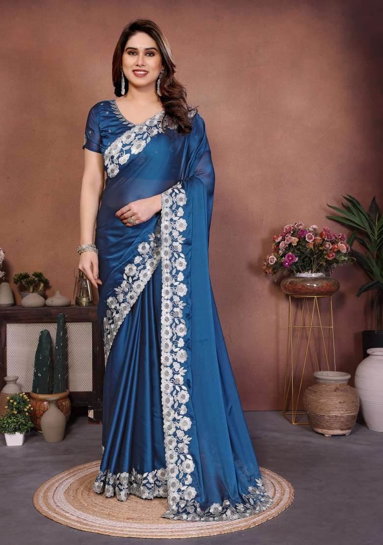Royal Blue Embroidery Silk Blend Saree Set for Diwali and Festive Wear - Indya