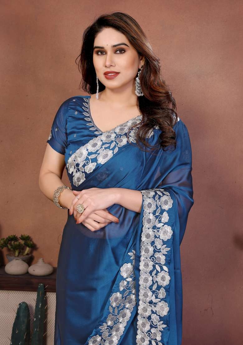 Royal Blue Embroidery Silk Blend Saree Set for Diwali and Festive Wear - Indya