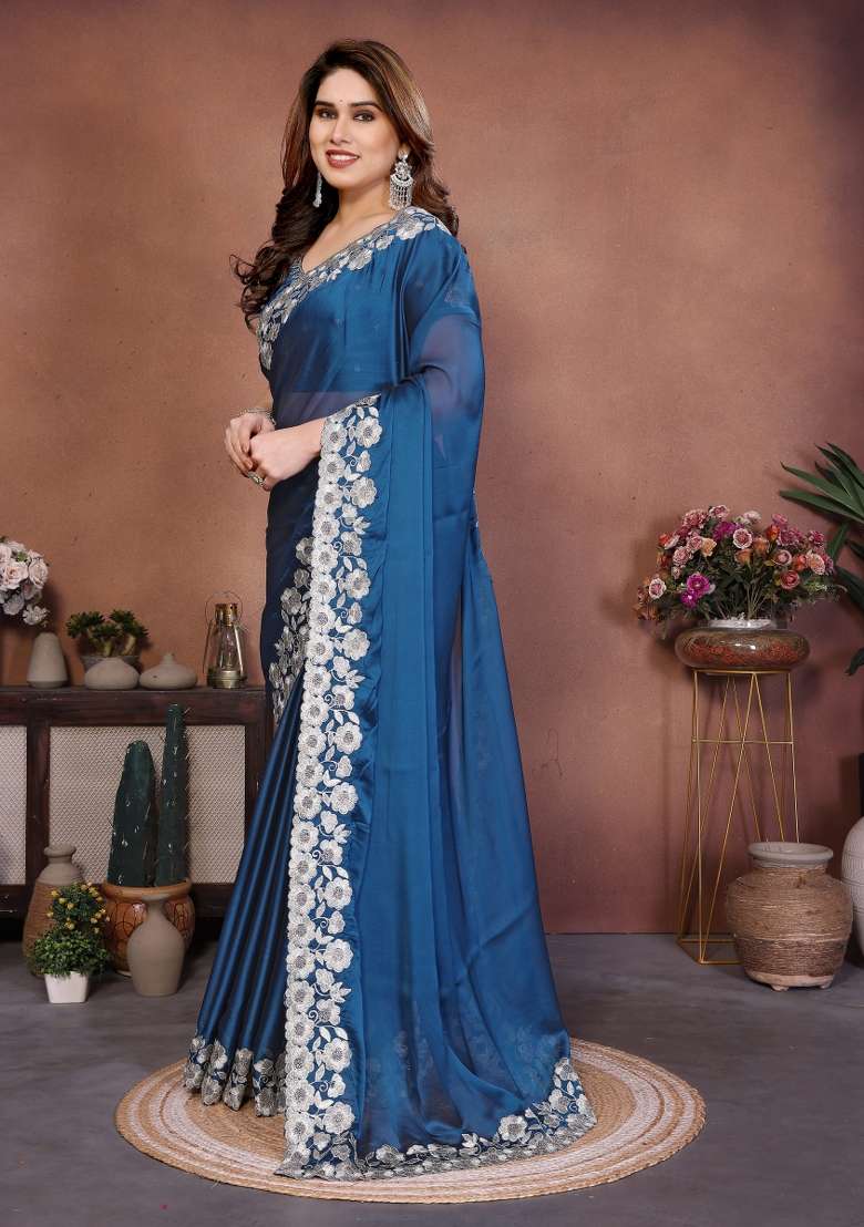 Royal Blue Embroidery Silk Blend Saree Set for Diwali and Festive Wear - Indya