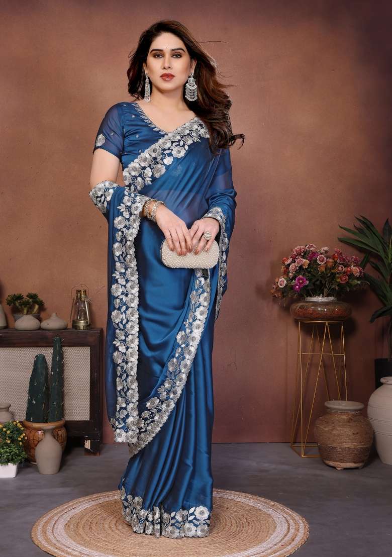Royal Blue Embroidery Silk Blend Saree Set for Diwali and Festive Wear - Indya