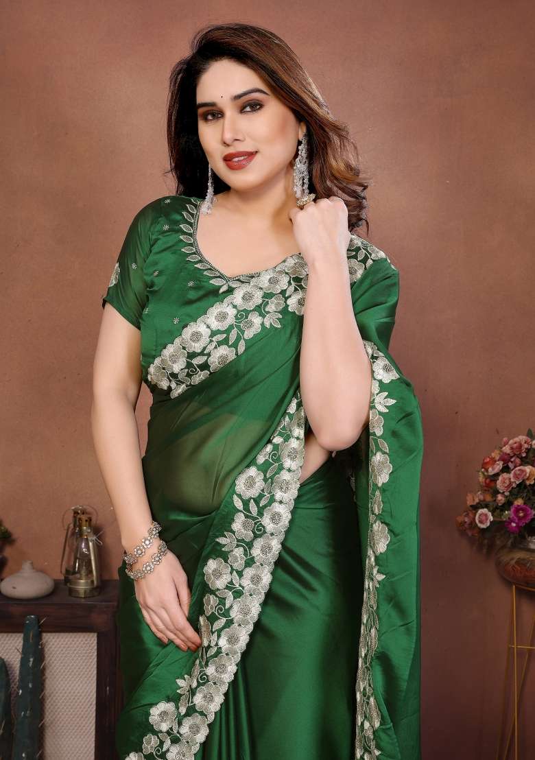 Green Silk Blend Saree Set with Embroidery for Diwali | Wedding & Festive Wear - Indya