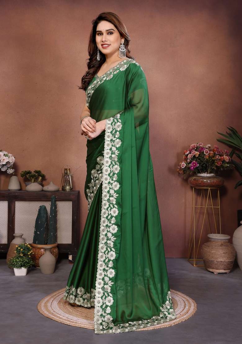 Green Silk Blend Saree Set with Embroidery for Diwali | Wedding & Festive Wear - Indya