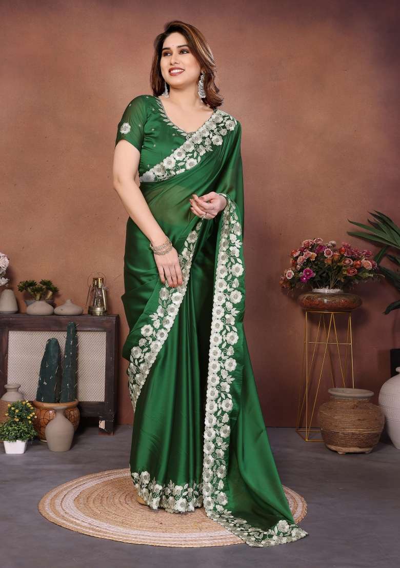 Green Silk Blend Saree Set with Embroidery for Diwali | Wedding & Festive Wear - Indya