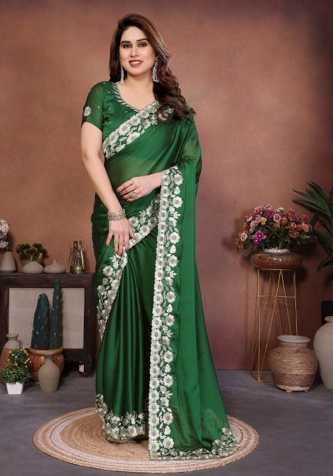 Green Embroidery Silk Saree Set