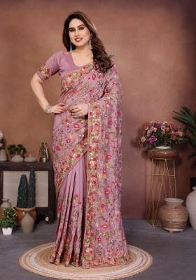 Pink Embroidery Silk Saree Set