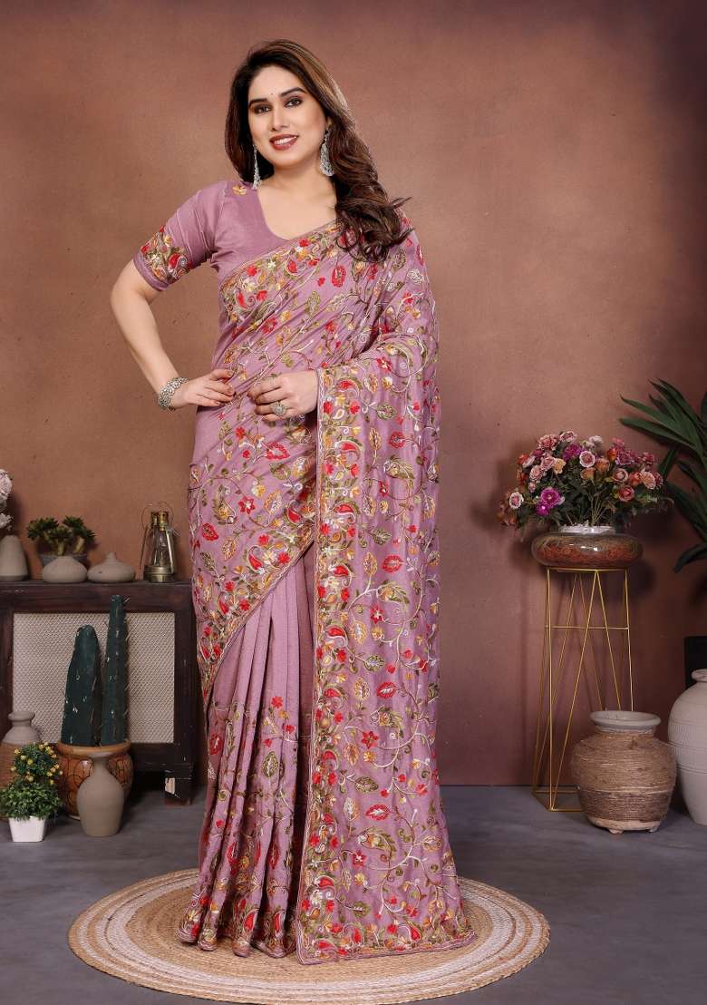 Pink Embroidery Silk Blend Saree Set for Diwali and Festive Wear - Indya