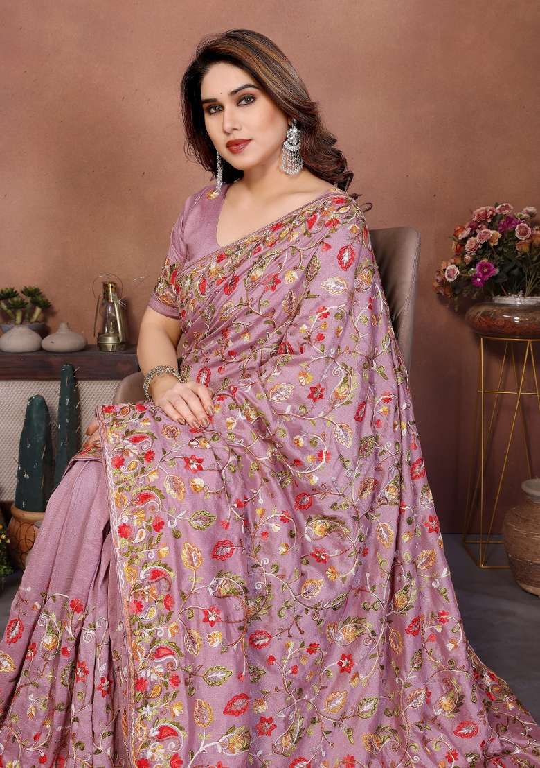Pink Embroidery Silk Blend Saree Set for Diwali and Festive Wear - Indya