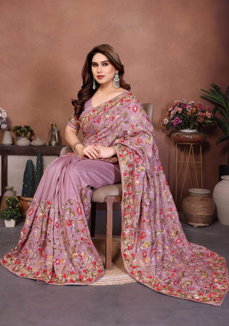 Pink Embroidery Silk Blend Saree Set for Diwali and Festive Wear - Indya