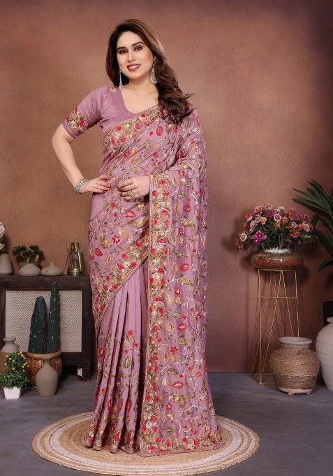 Pink Embroidery Silk Saree Set