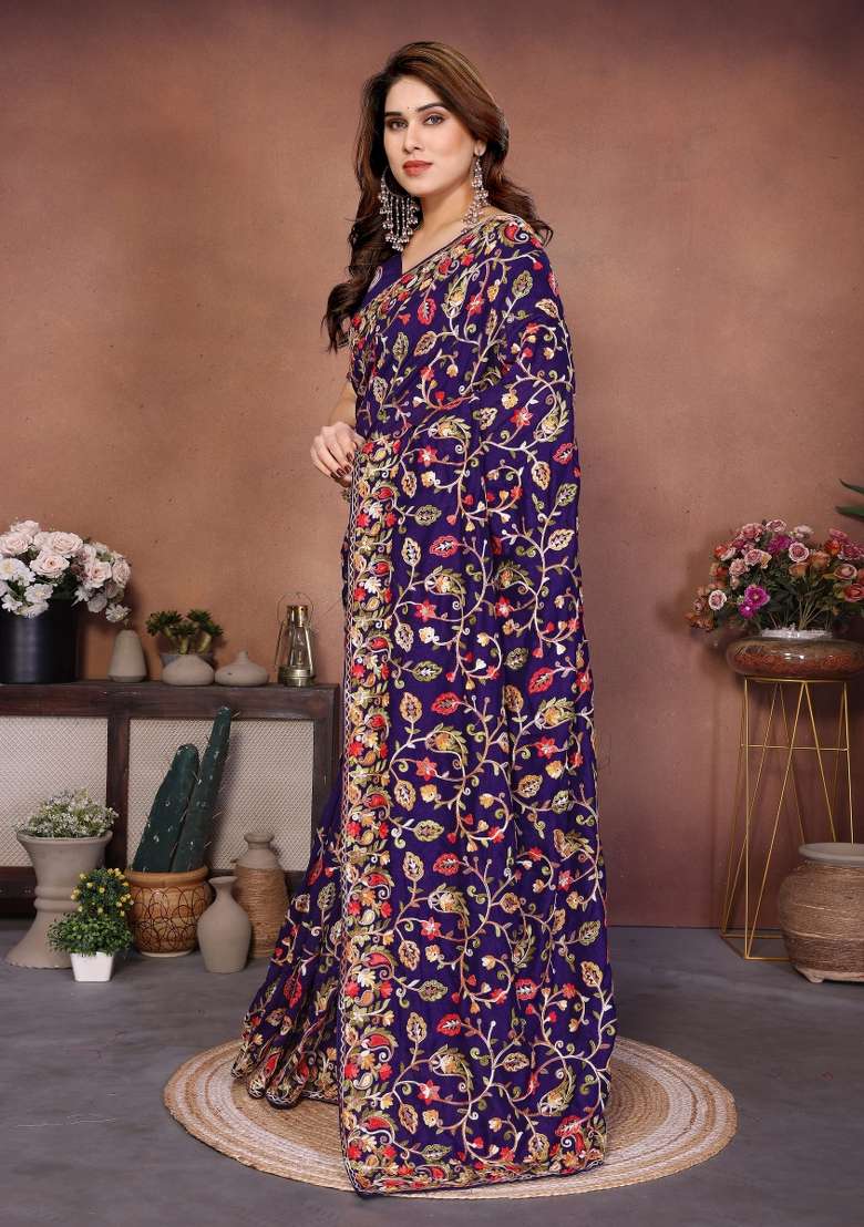 Blue Silk Blend Saree Set with Embroidery for Diwali | Wedding & Festive Wear - Indya