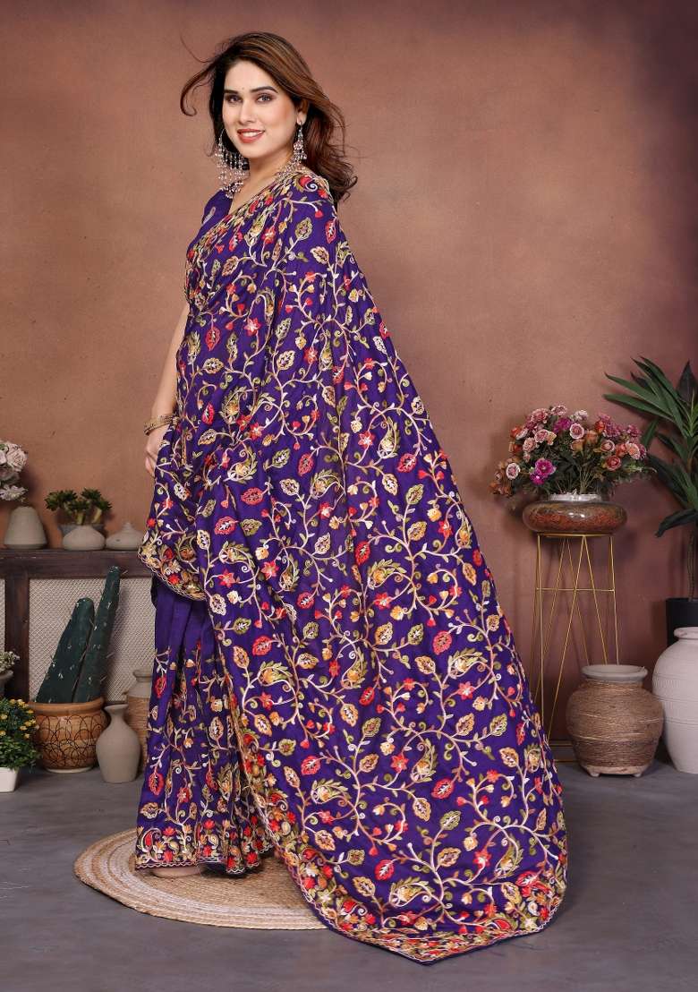 Blue Silk Blend Saree Set with Embroidery for Diwali | Wedding & Festive Wear - Indya