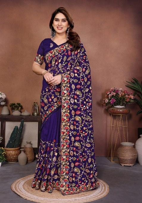 Blue Embroidery Silk Saree Set