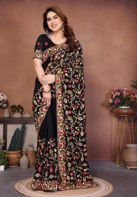 Black Embroidery Silk Saree Set