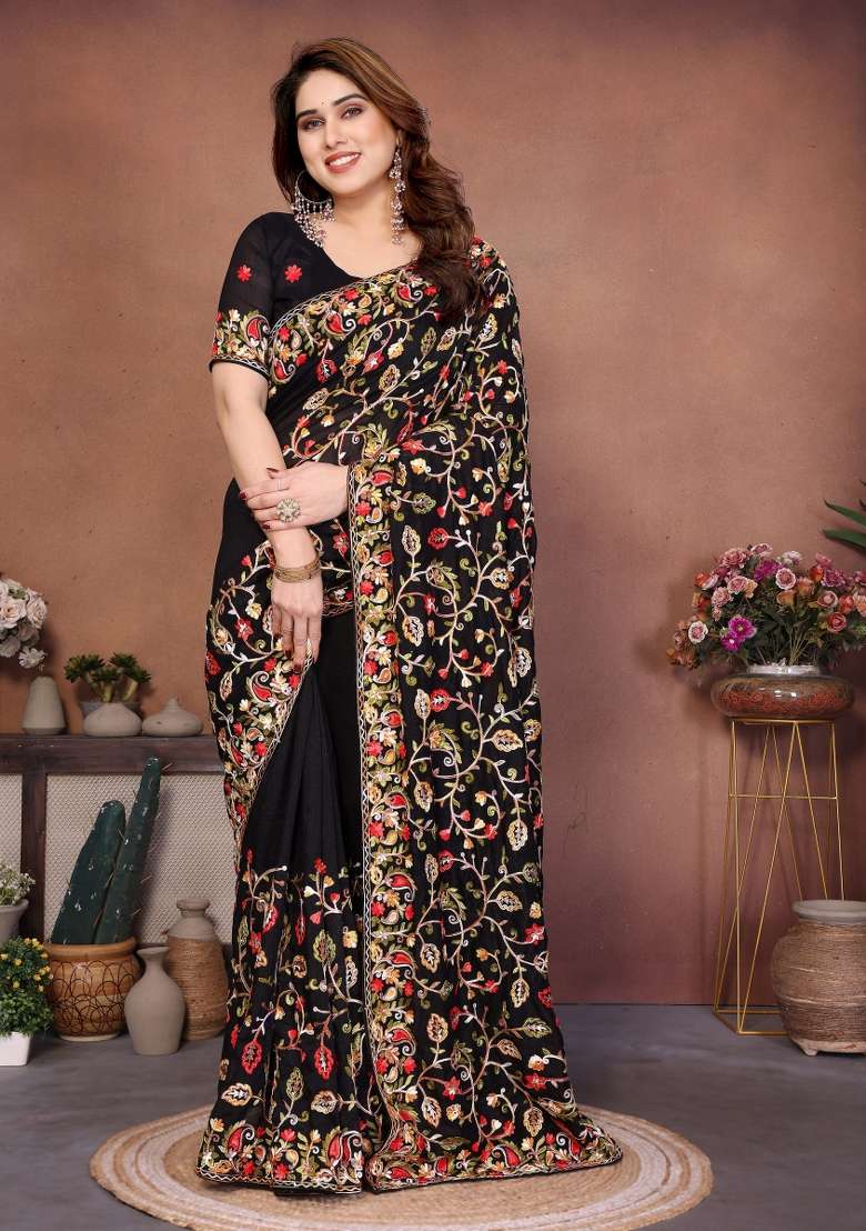 Black Embroidery Silk Blend Saree Set for Diwali and Festive Wear - Indya