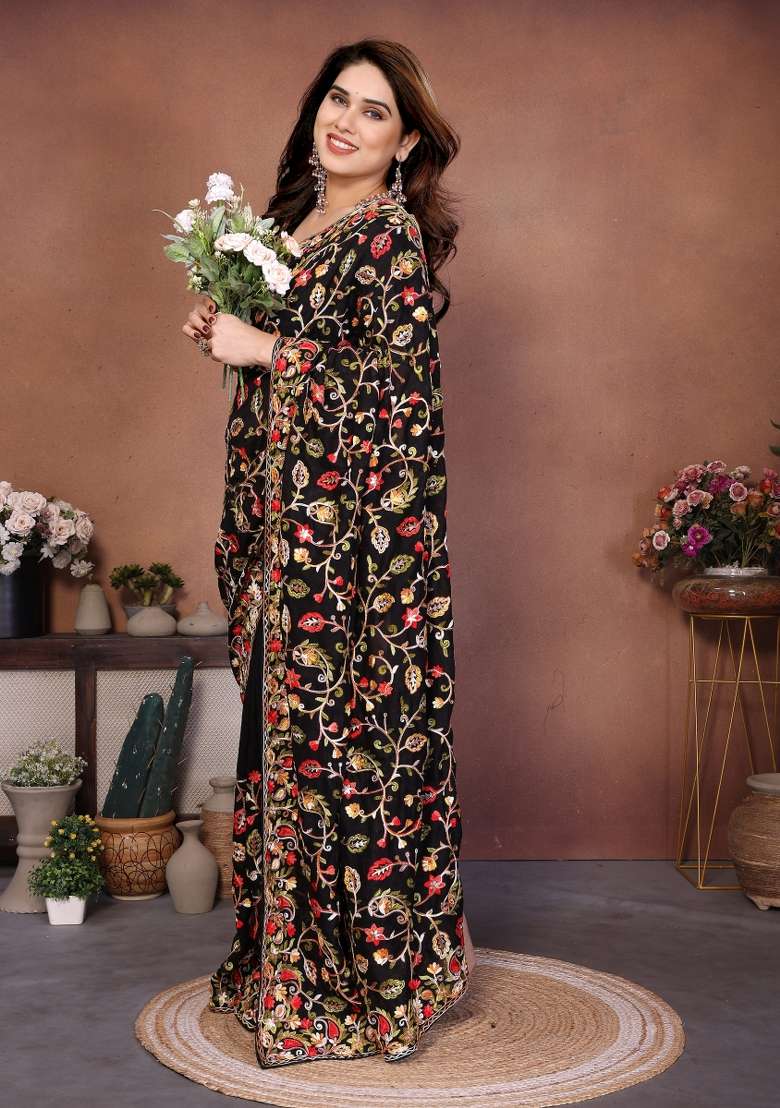 Black Embroidery Silk Blend Saree Set for Diwali and Festive Wear - Indya