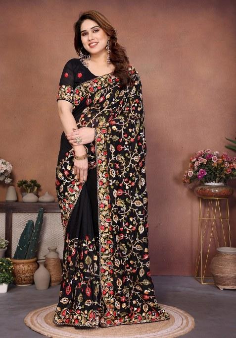 Black Embroidery Silk Saree Set
