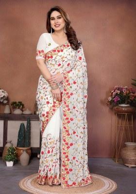 White Embroidery Silk Saree Set