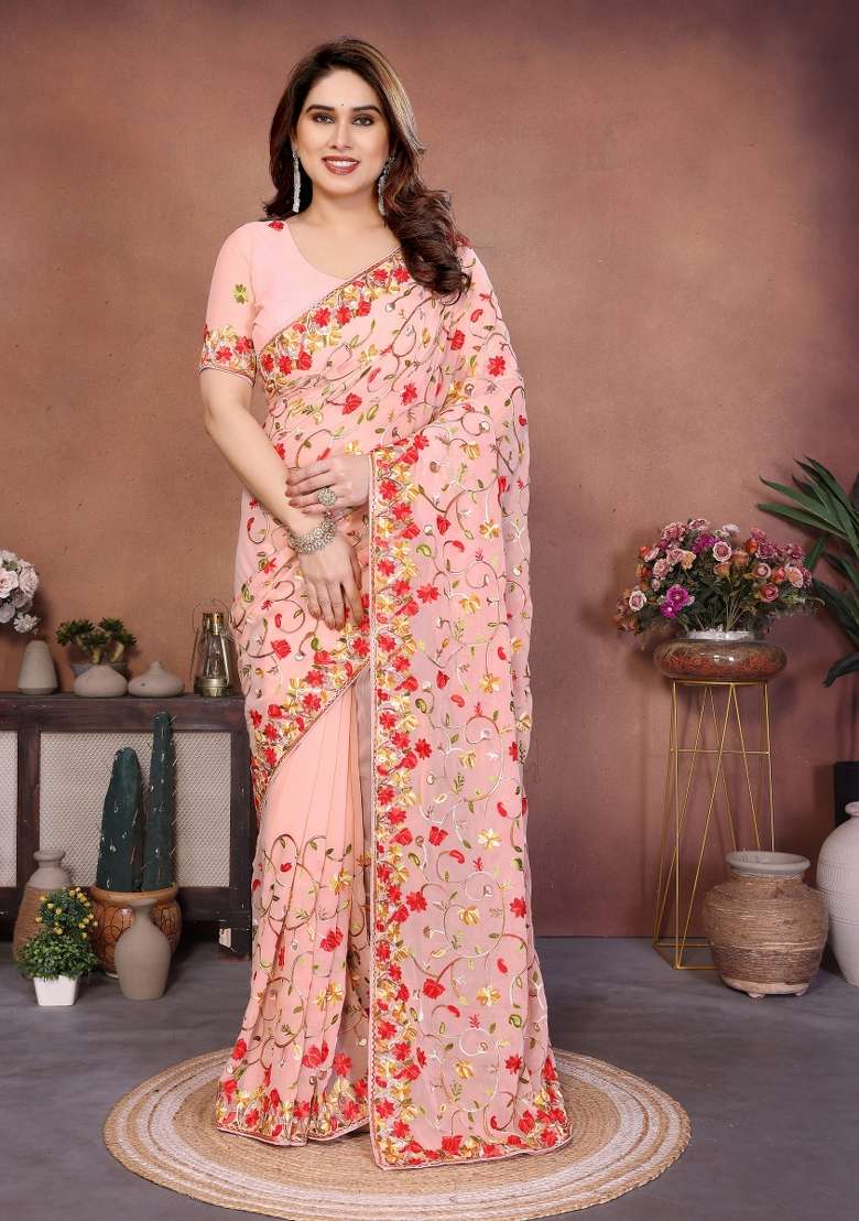 Pink Embroidery Silk Blend Saree Set for Diwali and Festive Wear - Indya