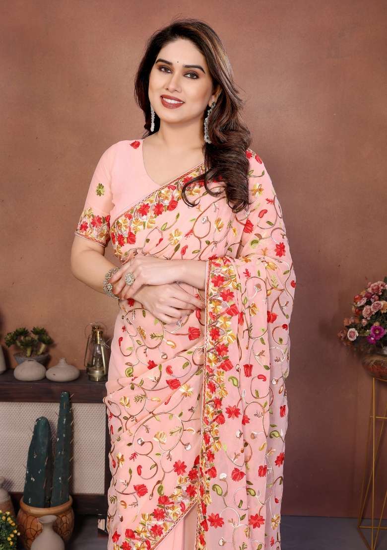 Pink Embroidery Silk Blend Saree Set for Diwali and Festive Wear - Indya