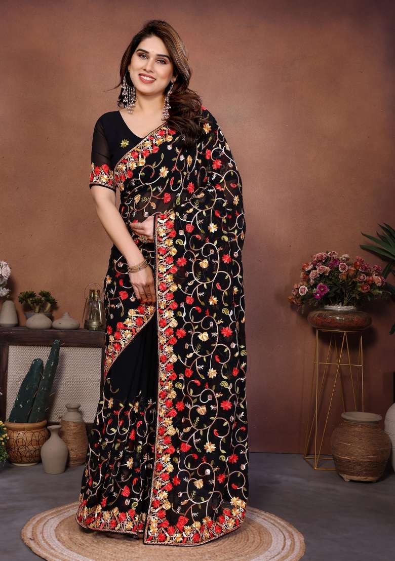 Black Embroidery Silk Blend Saree Set for Diwali and Festive Wear - Indya