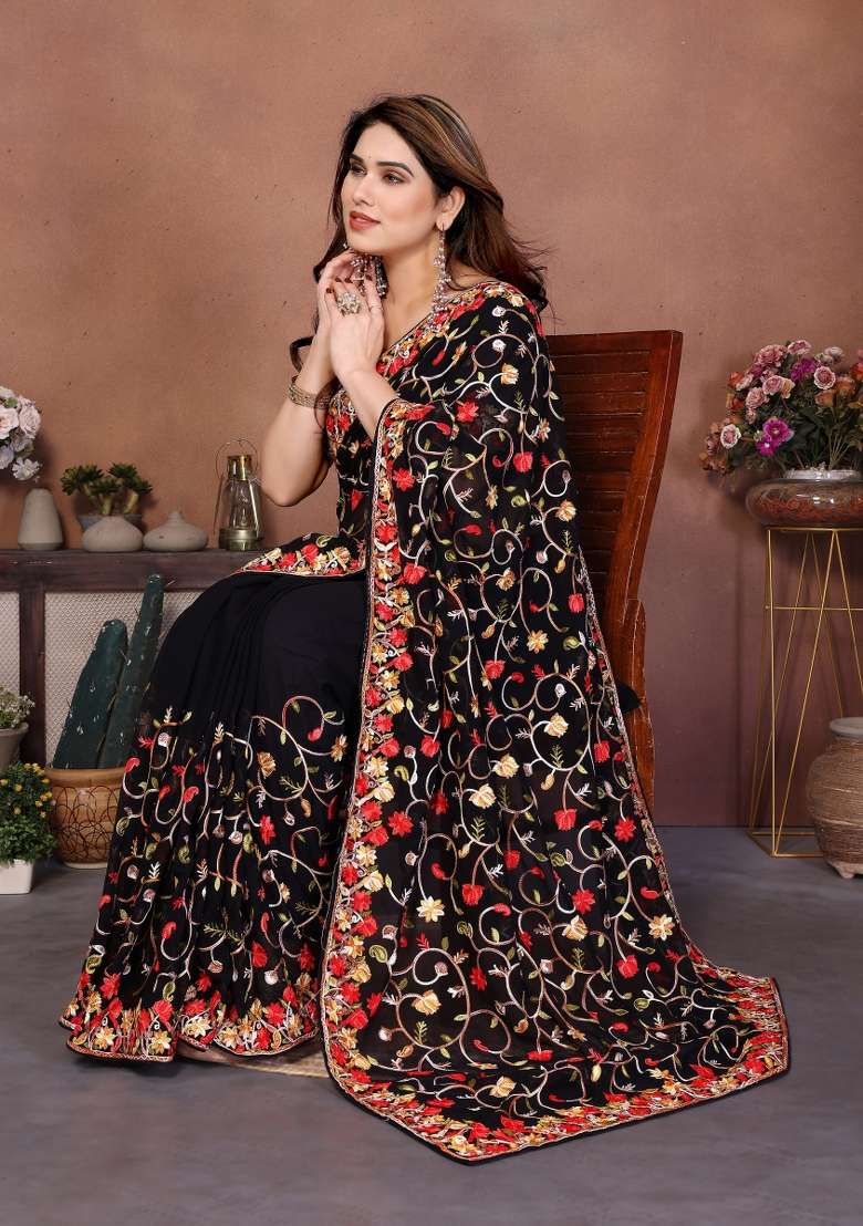 Black Embroidery Silk Blend Saree Set for Diwali and Festive Wear - Indya