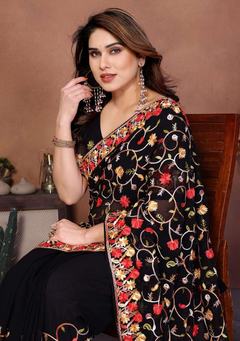 Black Embroidery Silk Blend Saree Set for Diwali and Festive Wear - Indya