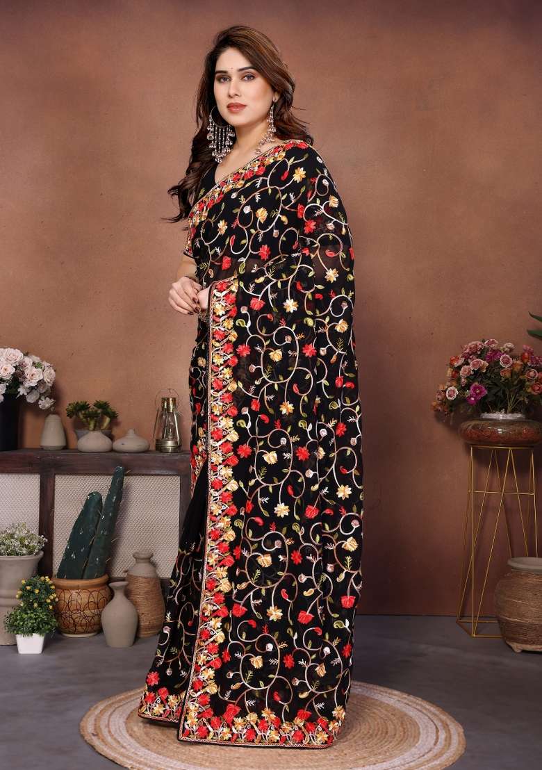 Black Embroidery Silk Blend Saree Set for Diwali and Festive Wear - Indya